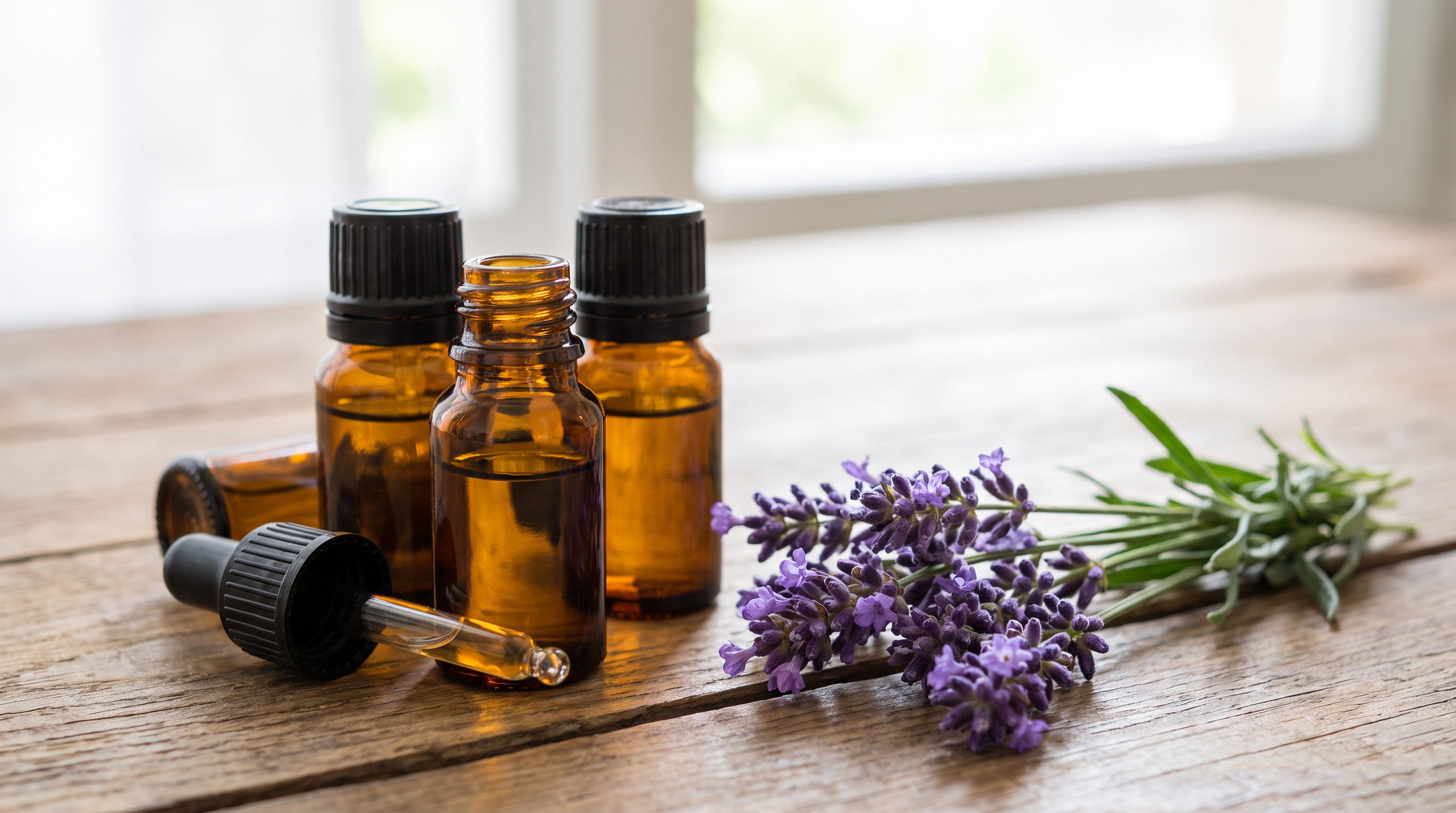 Photo of essential oil bottles with dropper